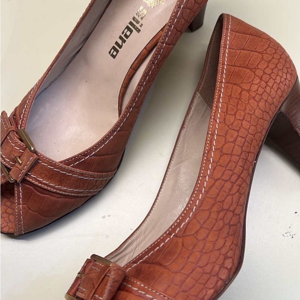 SILENE MADE IN ITALY LEATHER Elegant Brown Crocodile Embossed Peep-Toe Heels - Picture 2 of 7